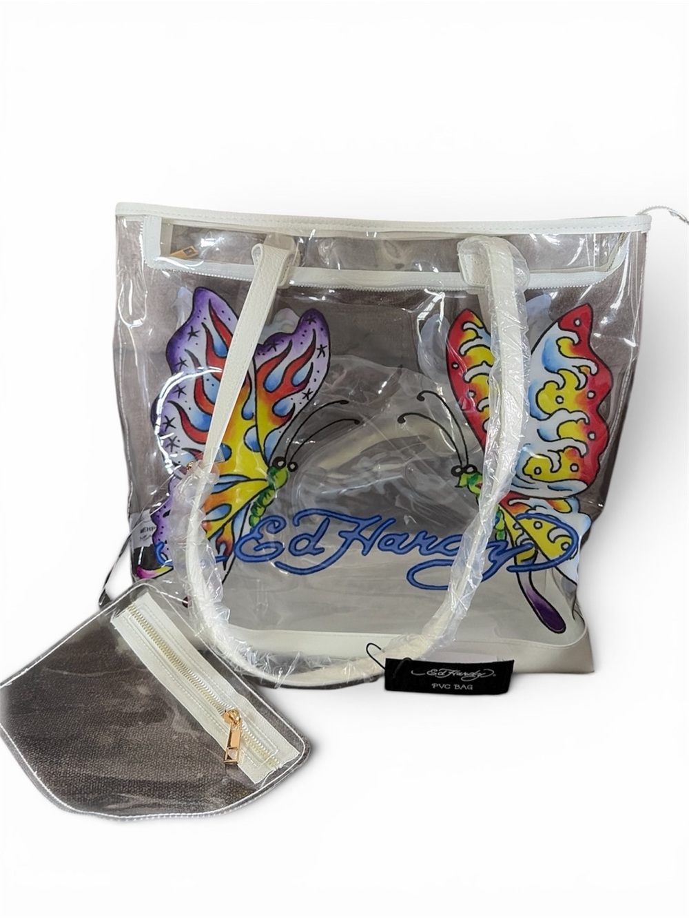 Ed Hardy White Trim Clear Tote with Colorful Butterfly Design